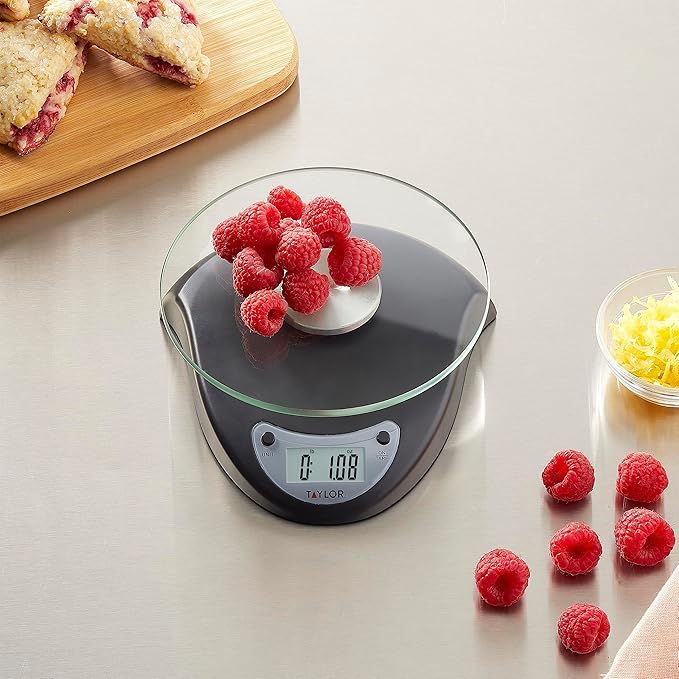 Taylor Digital Kitchen Scale with Glass Platform, Tare Button, and Plastic Body Weighs up to 11 Pounds Capacity, Black