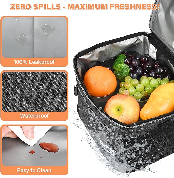 Tirrinia Insulated Lunch Box for Men/Women, Leakproof Lunch Bag for School Work, Large Lunch Tote Kids Boys Girls Student Back to School, Soft Cooler Office Picnic Beach Camping for Adults, Charcoal