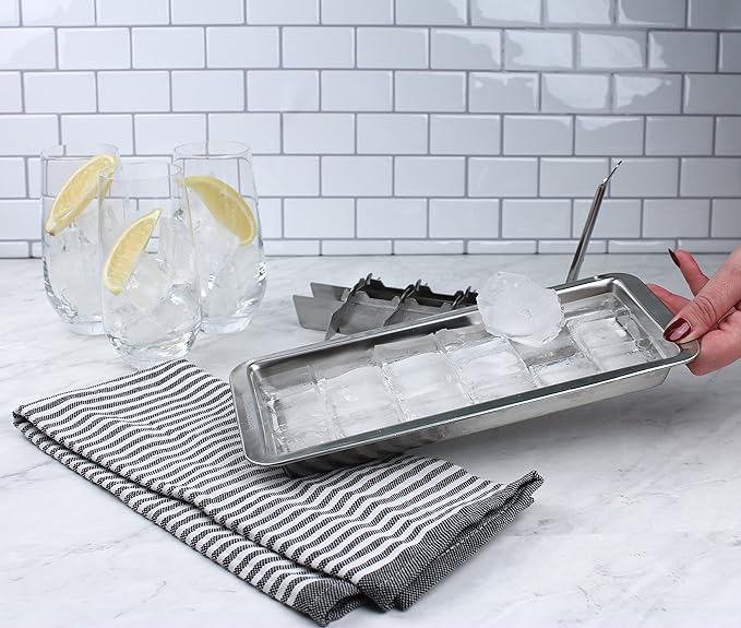 RSVP International Endurance® Vintage Inspired Ice Cube Tray, 11" | Retro Design for Bars & Kitchens | Levers Remove Cubes | Heavy Duty Stainless Steel | Dishwasher Safe