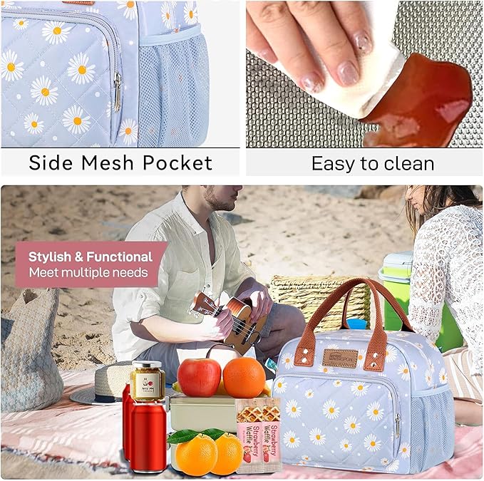 HOMESPON Lunch Bag for Woman Man Adults with Front Pocket Insulated Lunch Tote Lunch Box Container for Work Picnic or Travel(Blue Daisy)
