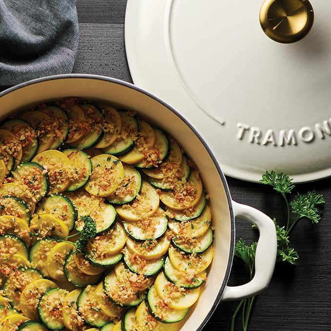 Tramontina Bestow Enameled Cast Iron Braiser Pan with Lid, 4-quart, Latte with Gold Knob
