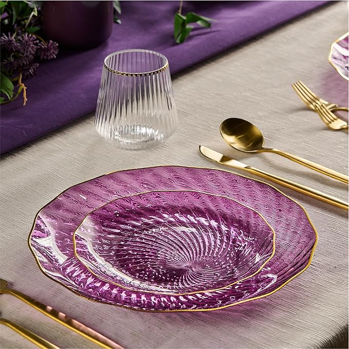 PLASTICPRO 120 Pack Plastic Plates Set of 60-10 inch Plates and 60-7 inch Plates, Elegant Clear Purple Spiral and Gold Rim Disposable Fancy Plates Premium Heavyweight