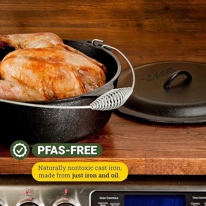 Lodge 9 Quart Pre-Seasoned Cast Iron Dutch Oven with Lid - Wire Bail Handle for Easy Transfer from Cooking Surface to Table - Use in the Oven, on the Stove, on the Grill or over the Campfire - Black