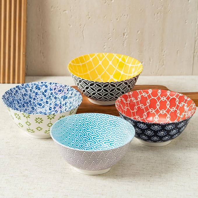 Bowl Set of 4, 23 OZ Large Colorful Bowls Set, 6 Inches Boho Bowls, Bohemia Ceramic Bowls for Kitchen Soup Cereal Salad, Dishwasher and Microwave Safe