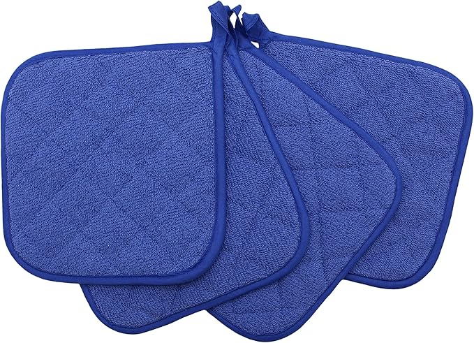 Cotton Pot Holders Cotton Made Machine Washable Heat Resistant Everyday Kitchen Basic Terry Pot Holder, Hot Pads, Trivet for Cooking and Baking Set of 4 (Dark Blue)