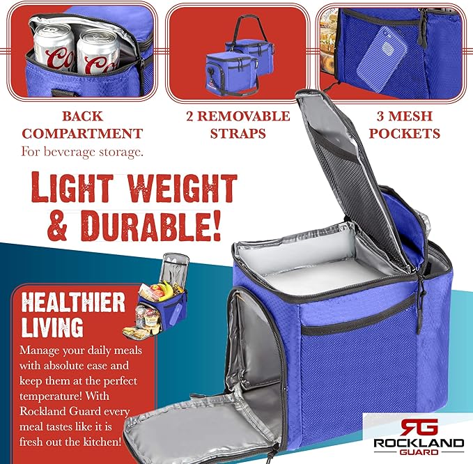 Rockland Guard Insulated Lunch Bag for Men - Lunch Box for Women with Compartments for Meal Prep Containers, Bottles, Snacks, Extra Storage Pockets - Lunchbox for Work, Travel, Picnic, Camping - Blue