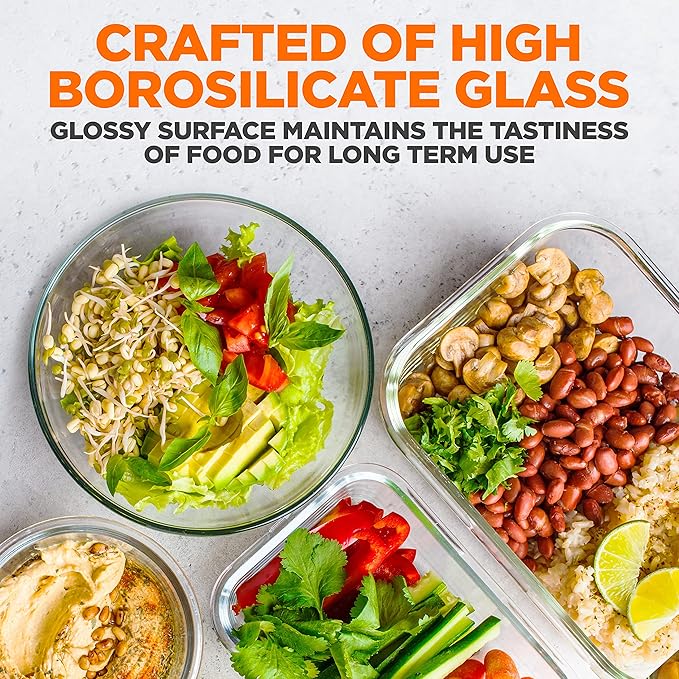 NutriChef Glass Food Storage Containers with Lids - 12 Piece Stackable Heavy Duty Meal Prep Containers - Mixed Sizes for Food, Snacks, Fruit & More - Microwave, Freezer, & Dishwasher Safe (White)