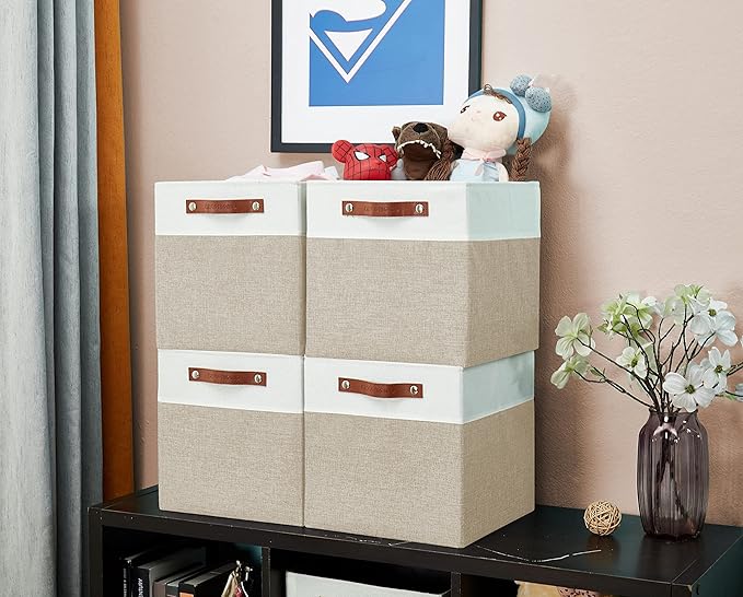 DECOMOMO Fabric Cube Storage Bins - Storage Baskets for Shelves, Cube Storage Organizer for Kallax and Cubbies (Beige & White, 11 inch Cube) - 4 Pack