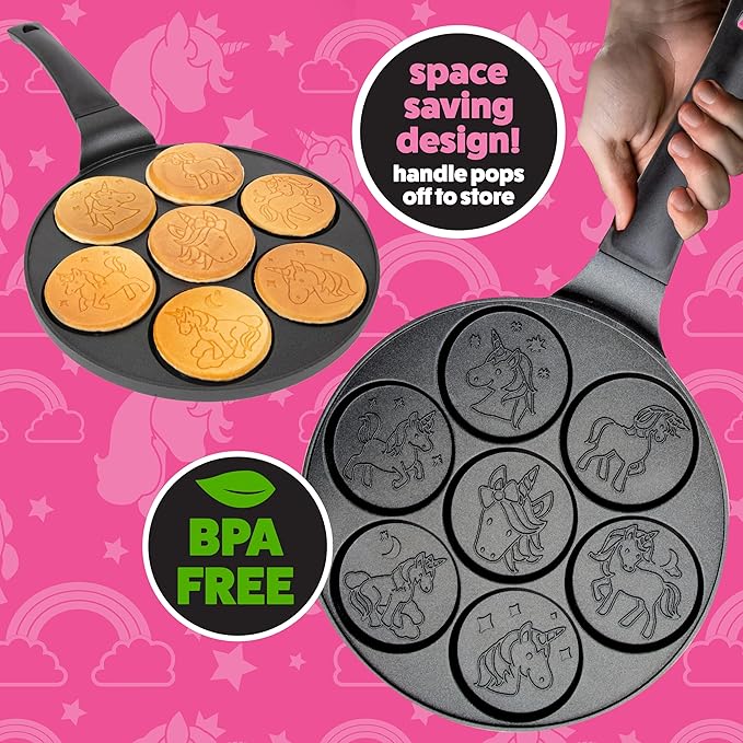 Unicorn Mini Pancake Pan - Make 7 Unique Flapjack Unicorns, Nonstick Pan Cake Maker Griddle for Holiday Breakfast Fun & Easy Cleanup, Magical Xmas Treat or Gift for Kids Party- Easy to Use Long Handle