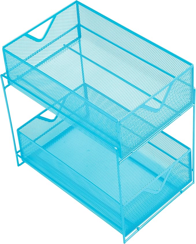 Mind Reader Accessory Organizer, Supply Storage, Makeup, Crafts, Office, Kitchen, Metal Mesh, 8.25"L x 12.5"W x 12.5"H, Blue