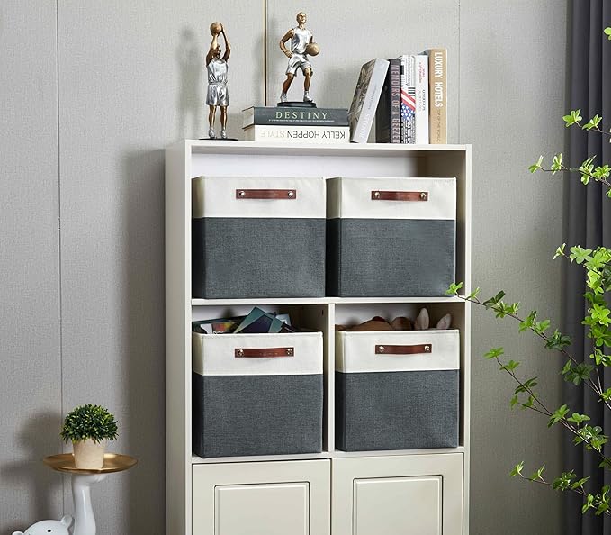 DECOMOMO Fabric Cube Storage Bins - Storage Baskets for Shelves, Cube Storage Organizer for Kallax and Cubbies (Slate Grey & White, 11 inch Cube) - 4 Pack