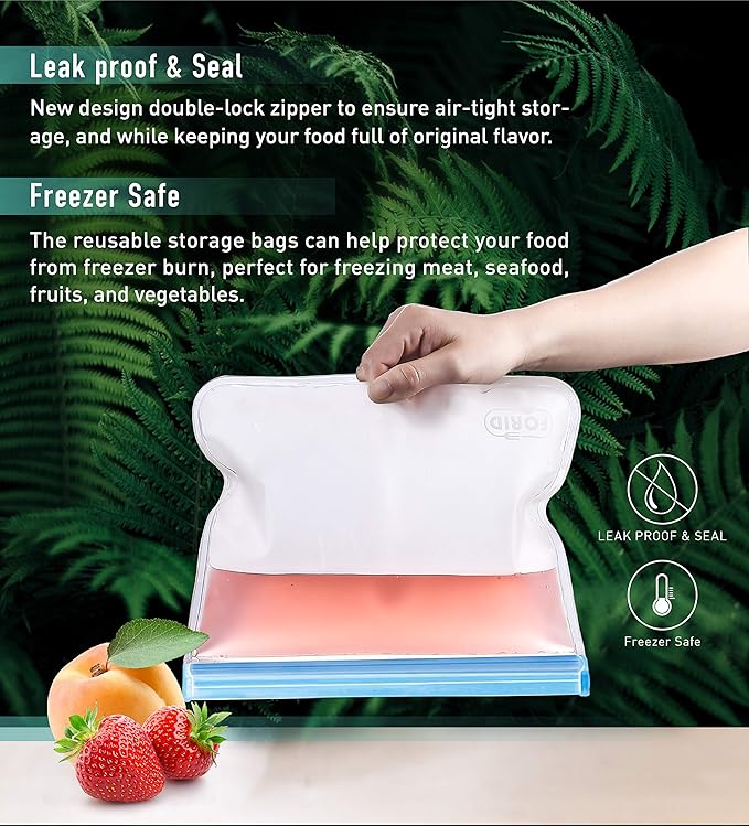 FORID Reusable Gallon Freezer Bags, 6 Pack Leakproof Extra Thick 1 Gallon Bags for Marinate Food & Fruit Cereal Sandwich Snack Meal Prep Travel Items Home Organization Storage
