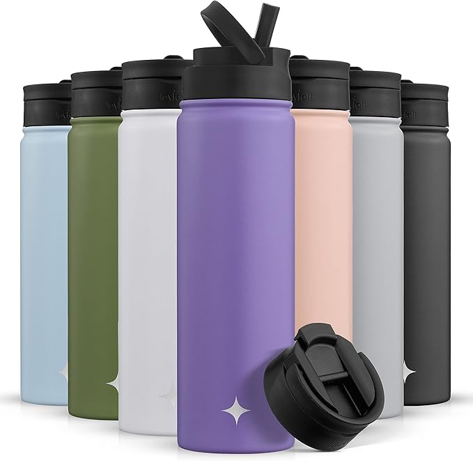 JoyJolt Triple Insulated Water Bottle with Straw Lid AND Flip Lid! 22oz Water Bottle, 12 Hour Hot/Cold Vacuum Insulated Stainless Steel Water Bottle. BPA-Free Leakproof Water Bottles - Thermos Bottle