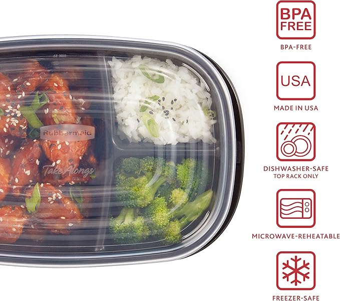 Rubbermaid 32-Piece Food Storage Containers with 2 Compartments and Lids for Lunch, Meal Prep, and Leftovers, Dishwasher Safe, 4.7-Cup, Black