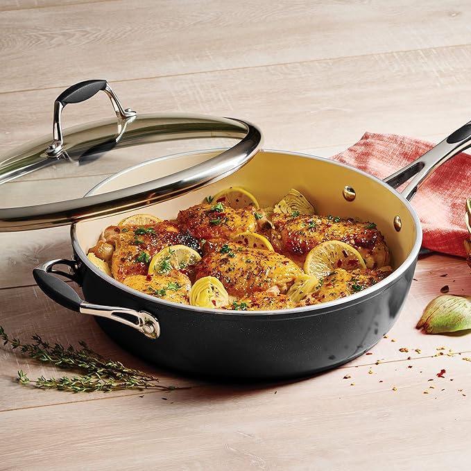 Tramontina Ceramica Deluxe 11-Inch Saute Pan with Lid, Ceramic Non Stick Deep Skillet, Oven-Safe, Metallic Black