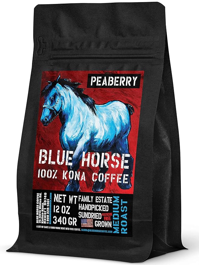Blue Horse 100% Kona Coffee Peaberry, Medium Roast, Arabica Whole Beans, 12 oz Bag, Farm Fresh, Authentic Hawaiian Coffee from the Big Island