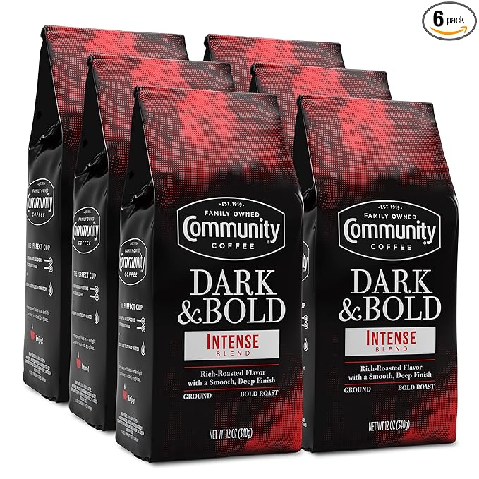 Community Coffee Dark & Bold Intense Blend 72 Ounces, Dark Roast Ground Coffee, 12 Ounce Bag (Pack of 6)