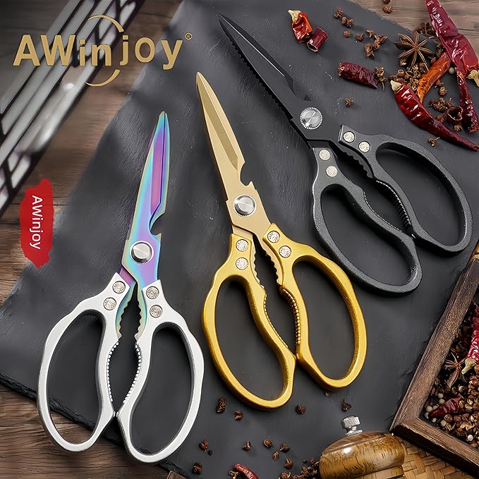 AWinjoy Heavy Duty Sharp Kitchen Scissors - Dishwasher Safe Black Cooking Shears for Meat, Chicken, Fish, Poultry, Herb, Bread (All Black)