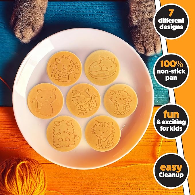 Kitty Friends Mini Pancake Pan - Make 7 Unique Flapjack Cat Designs, Nonstick Pan Cake Maker Griddle w Long Handle for Breakfast Animal Kitten Fun & Easy Cleanup, Fun Xmas Gift for Kids, Party Treat