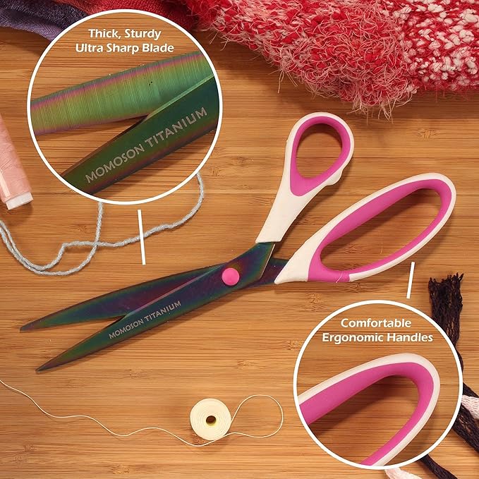 BambooMN Titanium Softgrip Scissors Set for Sewing, Arts, Crafts, Office - 3 Sets of 3 - White w/Pink Inlays