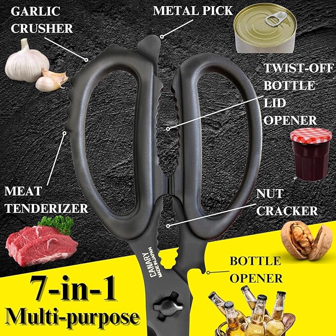 CANARY Japanese Kitchen Scissors All Purpose Heavy Duty 8.2" Matte Black, Made in JAPAN, Dishwasher Safe Come Apart Blade, Multipurpose Kitchen Shears, Sharp Serrated Japanese Stainless Steel Blade