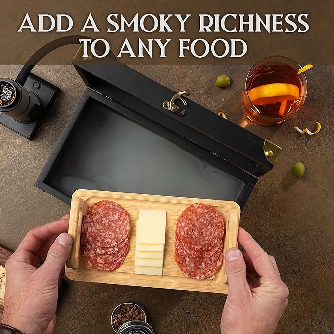 BOURBON&BARREL Cocktail Smoker Kit | Crafted with Walnut Wood | Whiskey Smoker Kit with Instant Smoker, Smoking Box, Food Tray and 4 Varieties of Wood Chips | Old Fashioned Drink Smoker Kit [Black]