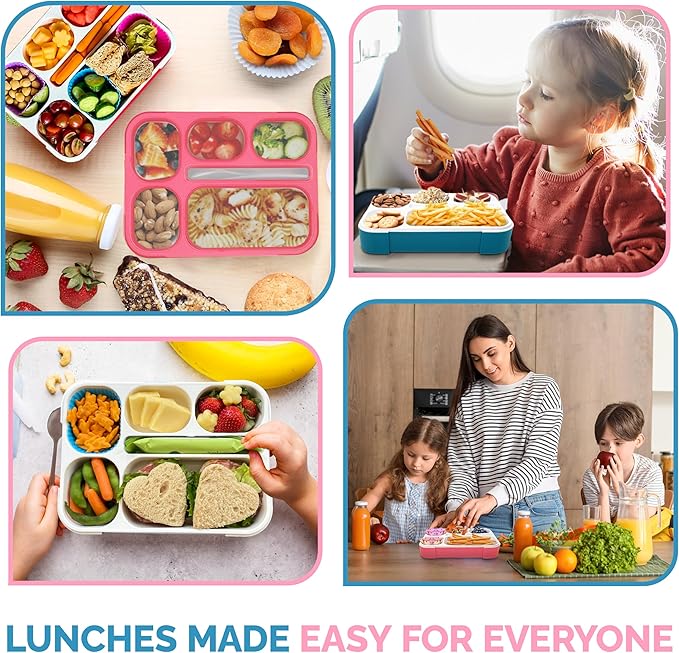 6 Compartment Lunch Boxes. Bento Box Lunchbox Containers for Kids, Boys Girls Adult. BPA-Free Microwave Safe School Bentobox Meal Planning Portion Container. Leakproof. Set of 2 Blue & Pink Kits