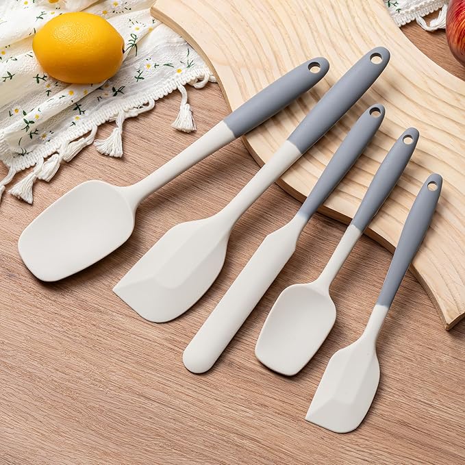 Silicone Spatula Set, 5 Piece Food Grade Rubber Spatulas for Baking, Cooking, and Mixing High Heat Resistant Non Stick Dishwasher Safe BPA-Free (Gray+White)