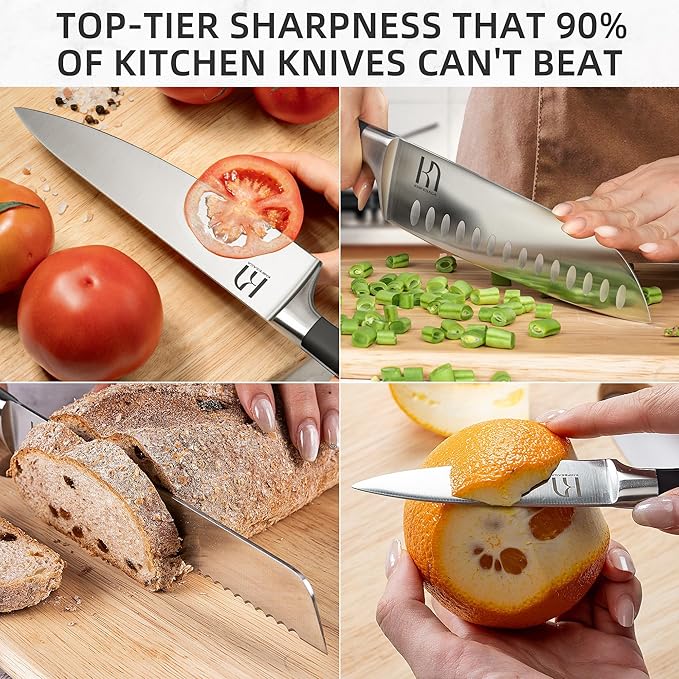 Knife Set with Block, Japanese 15 PCS Ultra Sharp Ktichen Knives Set, High Carbon Stainless Steel Knife Block Set with Sharpener, Professional Knives with Ergonomic Handle for Home Chefs
