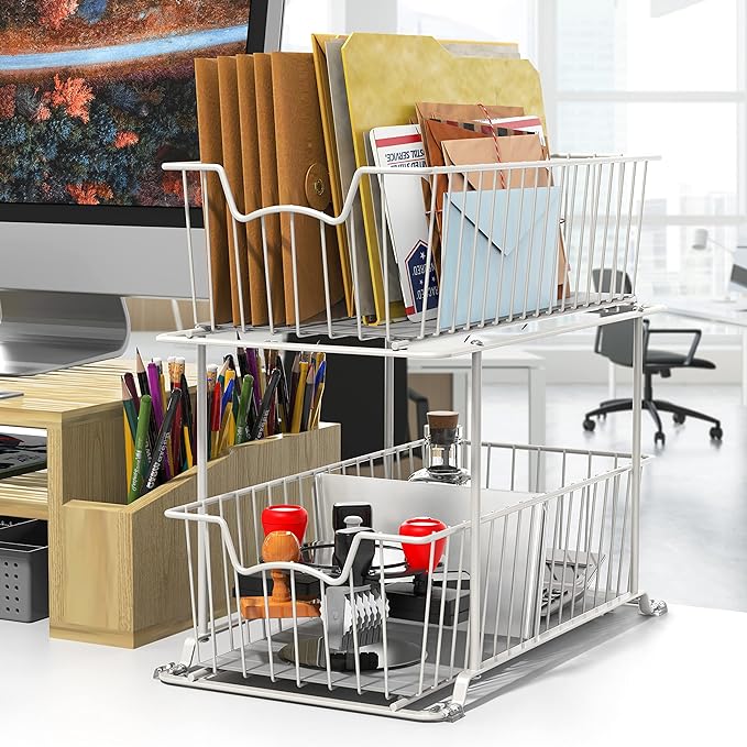 Simple Houseware 2 Tier Cabinet Wire Basket Drawer Organizer, White