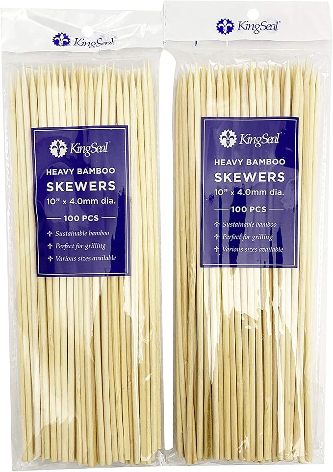 KingSeal Renewable Bamboo Heavy Weight Kebab Skewers, BBQ Sticks, 10 Inches x 3.8 mm Diameter, Retail Pack - 2 Bags of 100 (200 Count)