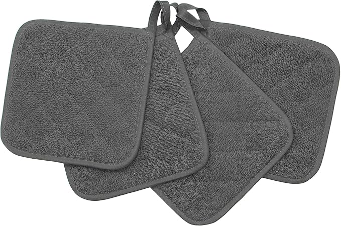 Cotton Pot Holders Cotton Made Machine Washable Heat Resistant Everyday Kitchen Basic Terry Pot Holder, Hot Pads, Trivet for Cooking and Baking Set of 4 (Grey)