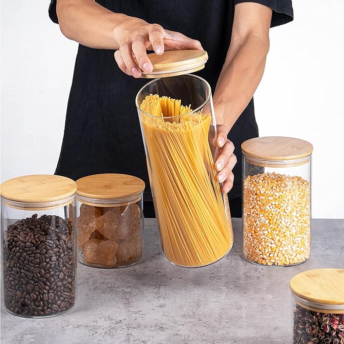 YUNCANG Glass Storage Jars [Set of 5],Clear Glass Food Storage Containers with Airtight Bamboo Lid Stackable Kitchen Canisters for Candy,Cookie,Rice,Sugar,Flour,Pasta,Nuts and Spice Jars