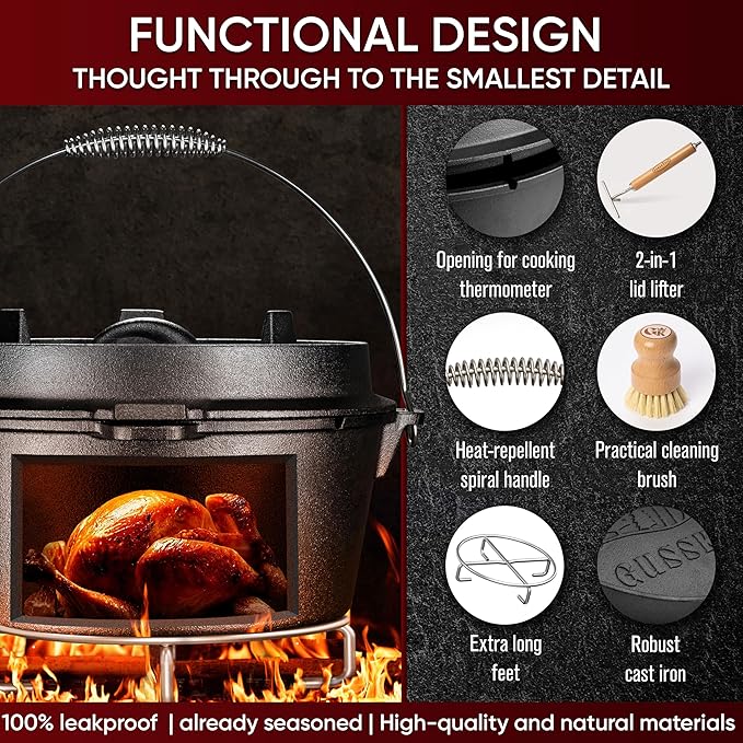 Pre-Seasoned Dutch Oven Set - 5 Quart Cast Iron Dutch Oven Pot with Lid, Fire Pot without Feet for Bread Baking & Cooking - Includes 2-in-1 Lid Lifter, Brush & Recipe Book [for 1-3 People]
