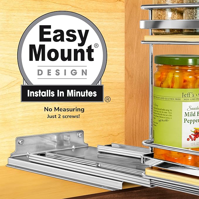 LYNK PROFESSIONAL® Élite™ Pull Out Spice Rack Organizer for Inside Kitchen Cabinets - 8-3/8 inch Wide - Slide Out Drawer – Wood/Chrome Sliding Spice Cabinet Organization Shelf Racks - 2 Tier