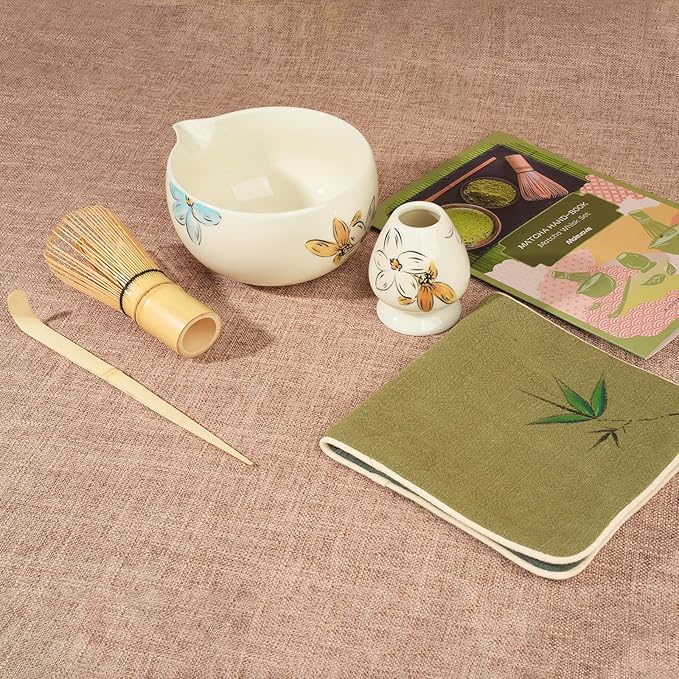 Matcha Whisk Set – Ceramic Matcha Set with Matcha Bowl, Matcha Whisk & Holder, Bamboo Scoop, Tea Towel – 5-Piece Japanese Matcha Kit for Matcha Lovers, Beginners & Gifting (Multicolor, 17oz)