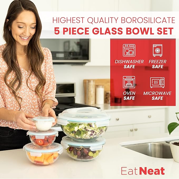 EatNeat 5‑Piece Glass Food Storage Bowl Set with Locking Lids – Airtight, Nesting, Stackable Bowls – Oven, Microwave Safe – Great Gift for Meal Prep, Salads, Leftovers, Baking & Cooking