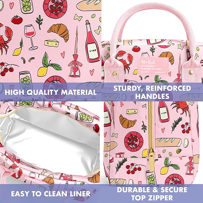 Fit & Fresh Bloomington Lunch Bag for Women - Insulated Large Lunch Box for Work with Containers, Leak-Resistant, Stain-Resistant, Zipper Closure, Pink Pasta Dinner