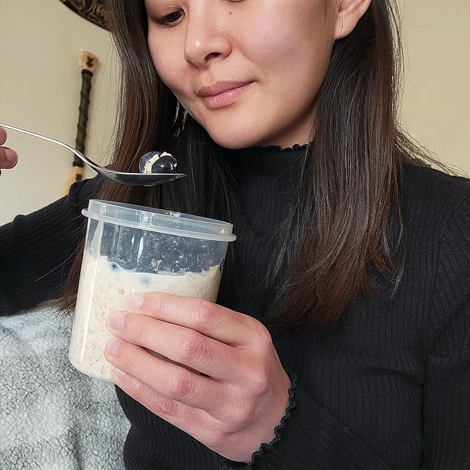 Overnight Oats Container with Lids (4-Piece set) - 16 oz Plastic Containers with Lids - Oatmeal Container to go | Portable Cereal and Milk Container on the go | Airtight Snap Lock Storage Jars