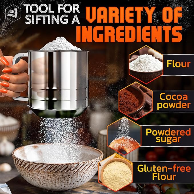 5 Cup Flour Sifter for Baking – Large Capacity Flour Sifter Stainless Steel with Double Mesh, Easy One-Hand Use & Dishwasher Safe – Baking Tools for Sifting Powdered Sugar, Cocoa & Christmas Cookies