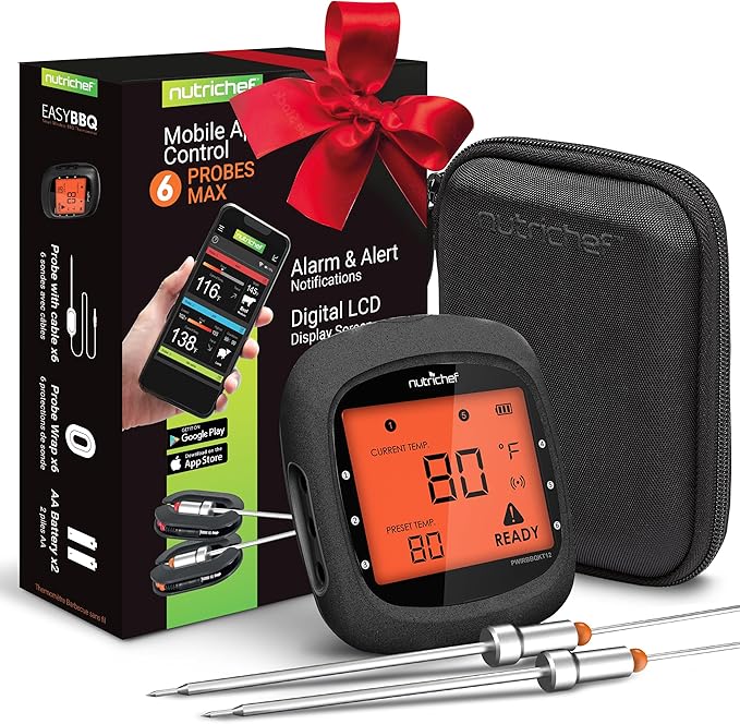NutriChef Smart Bluetooth BBQ Thermometer with Travel Zip Case, Upgraded Stainless w/ 2 Temperature Probes, LCD Display, Done Alarm Android iPhone, Gas Charcoal BBQ Smoker Temp Monitoring