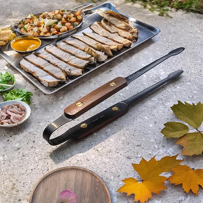 Premium Cooking Tongs - 304 Stainless Steel & Walnut Wood, Comfortable Grip, Non-Slip Design, High Heat Resistant - Ideal for Home, Kitchen, Barbecue & Frying Steak, 9-Inch, Black