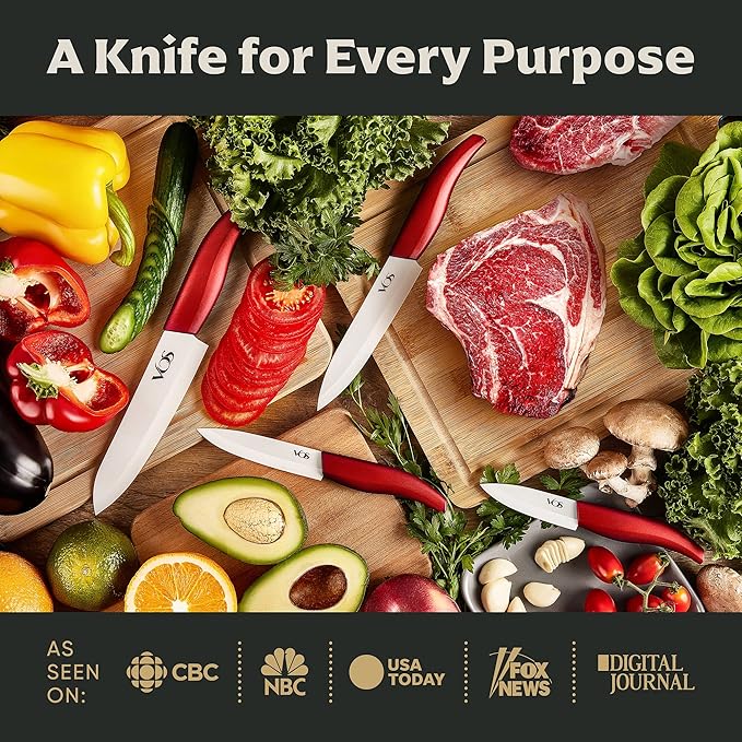 Vos Ceramic Knife Set, Ceramic Knives Set For Kitchen, Ultra Sharp Kitchen Knife Set with Covers, 3" 4" 5" 6" Paring, Santoku, Chef Knife & Utility, Lightweight, Dishwasher safe (Red with Block)