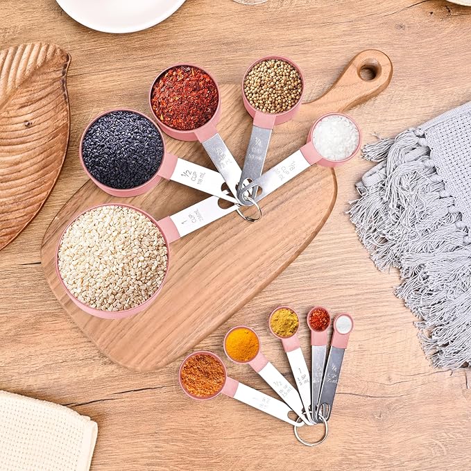 Measuring Cups and Spoons Set, 10 Pieces Nesting Measure Tools, Kitchen Essentials Gadgets with Stainless Steel Handle for Dry & Liquid Ingredient, Pink