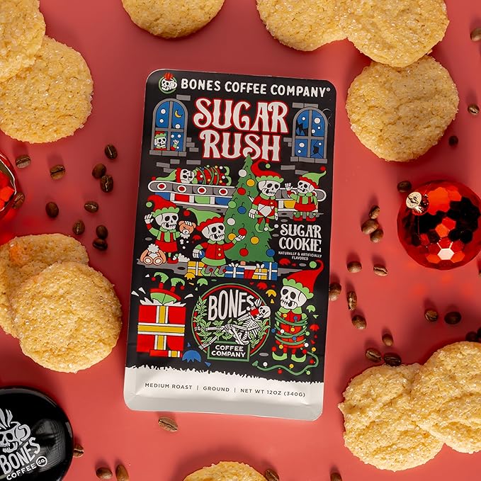 Bones Coffee Company Sugar Rush, Sugar Cookies Flavored Coffee, Medium Roast Low Acid Arabica Beans Compatible with Auto drip and French Press Coffee Maker, 12 Oz Ground