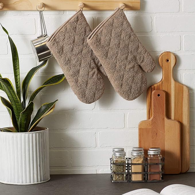 DII Basic Terry Collection 100% Cotton Quilted, Oven Mitt, Stone, 2 Piece