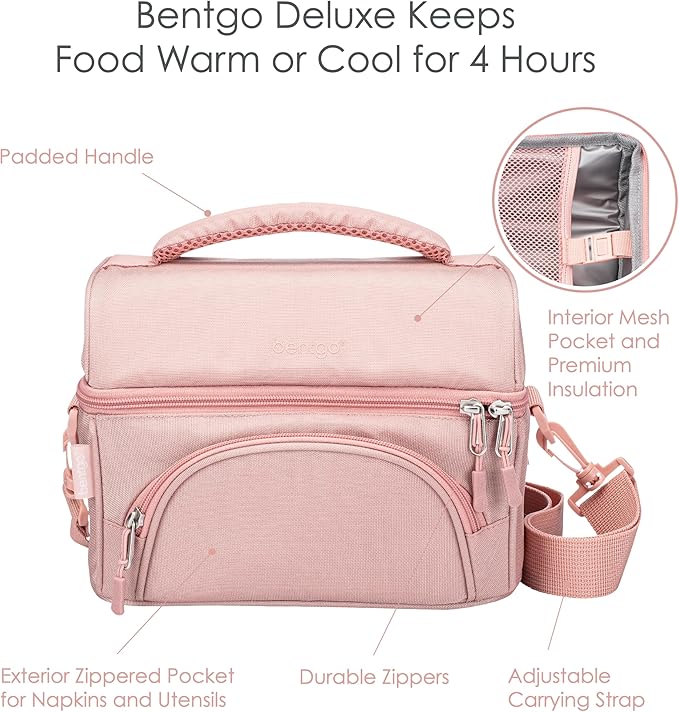 Bentgo Deluxe Lunch Bag - Durable and Insulated Lunch Tote with Zippered Outer Pocket, Internal Mesh Pocket, Padded & Adjustable Straps, & 2-Way Zippers - Fits Most Lunch Boxes (Blush)