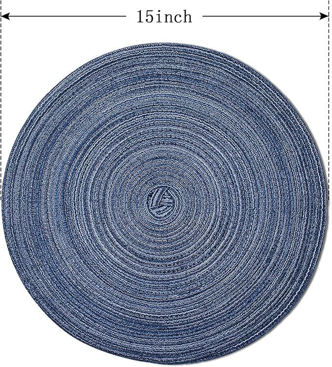 FunWheat Round Braided Placemats Set of 4 Place mats for Dining Tables Woven Heat Resistant Table Mats 15 inch (E Klein Blue, 4pcs)