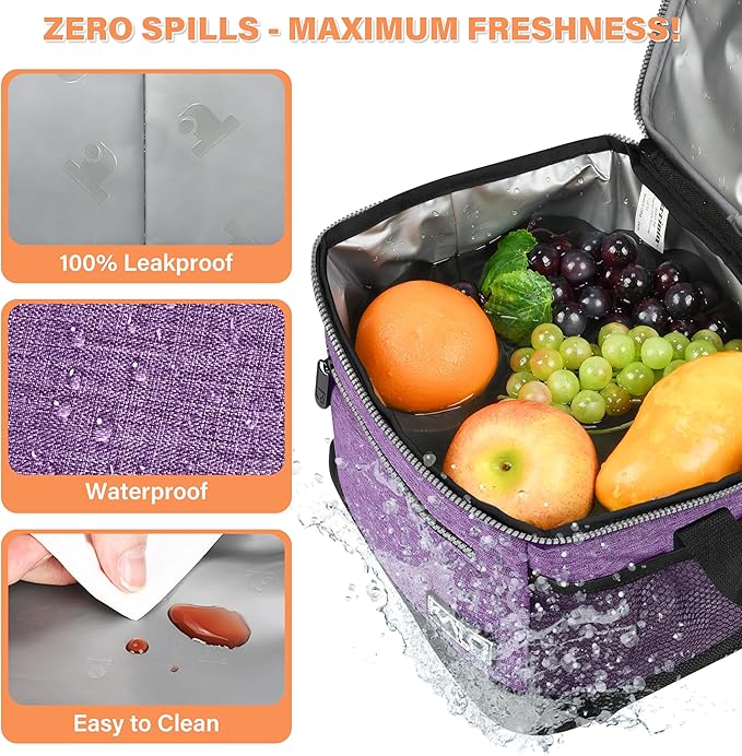 Tirrinia Insulated Lunch Box for Men/Women, Leakproof Lunch Bag for School Work, Large Lunch Tote Kids Boys Girls Student Back to School, Soft Cooler Office Picnic Beach Camping for Adults,Purple