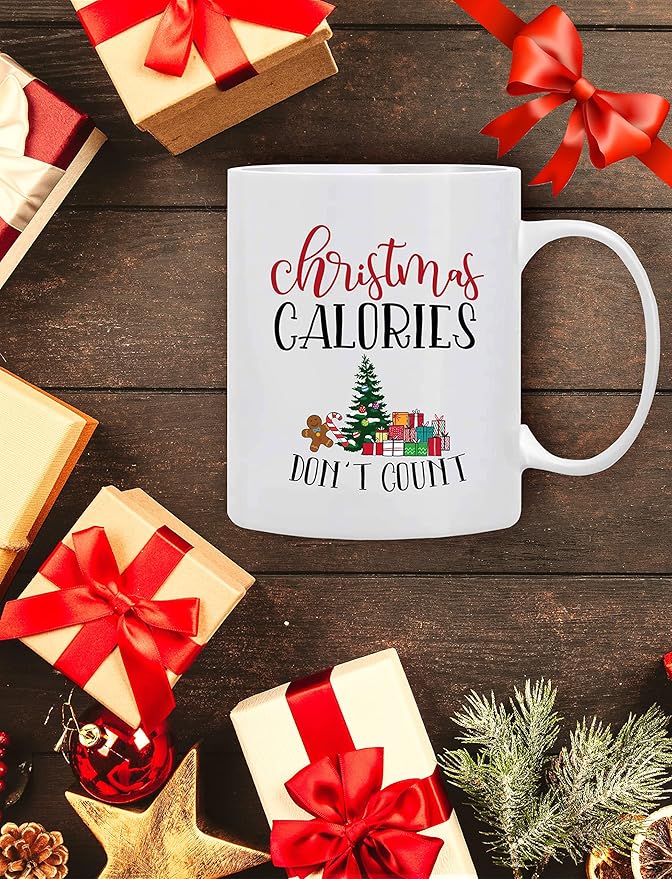 Christmas Coffee Mug ‘’ Christmas Calories Don’t Count’’, Funny Coffee Mug from Daughter, Wife and Son – Mug in Decorative Gift Box,11 Oz